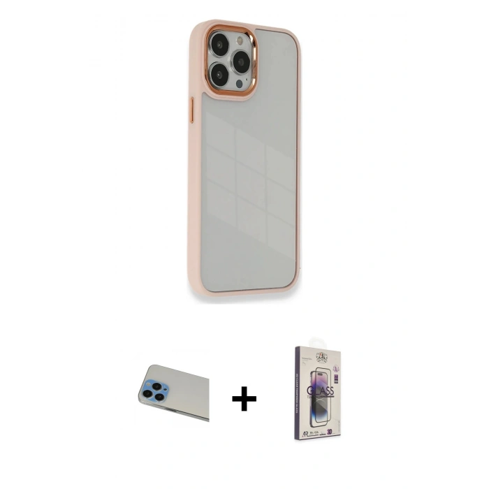 MARSİLYAN™- iPhone 13 Pro Max Kılıf Eksen Doku Prime - Siyah Bilvis 3D Cam Ekran Koruyucu + Rainbow Kamera Lens Koruma Cam - MI