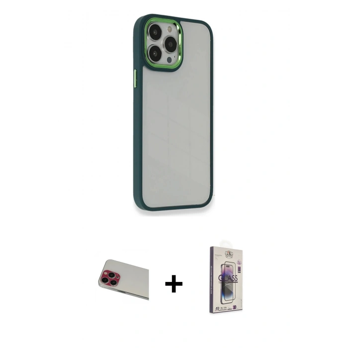 MARSİLYAN™- iPhone 13 Pro Max Kılıf Eksen Doku Prime - Siyah Bilvis 3D Cam Ekran Koruyucu + Rainbow Kamera Lens Koruma Cam - KI