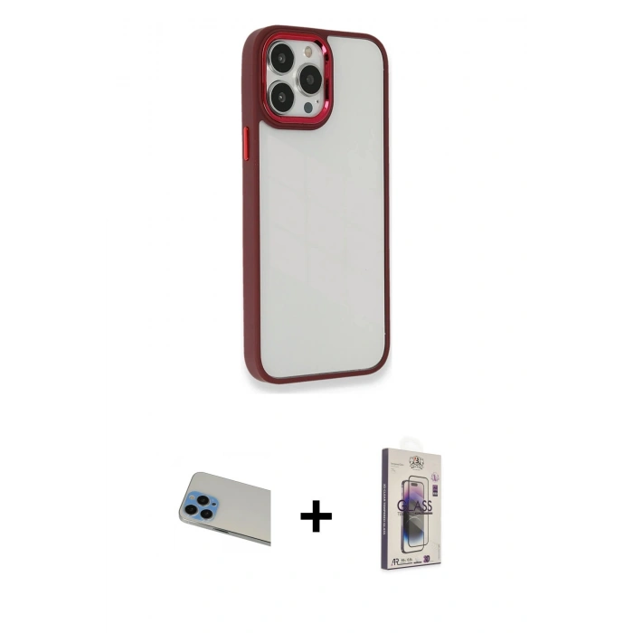 MARSİLYAN™- iPhone 13 Pro Max Kılıf Eksen Doku Prime - Siyah Bilvis 3D Cam Ekran Koruyucu + Rainbow Kamera Lens Koruma Cam - MI