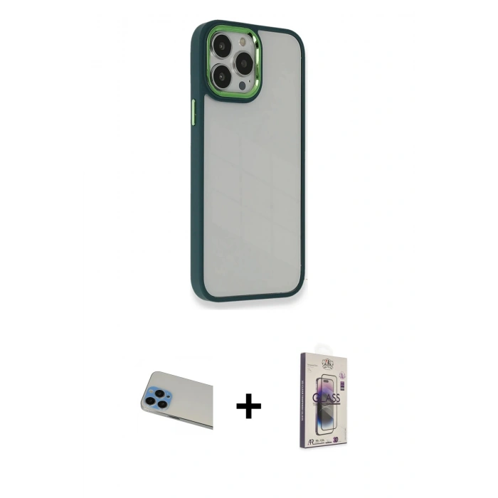 MARSİLYAN™- iPhone 13 Pro Max Kılıf Eksen Doku Prime - Siyah Bilvis 3D Cam Ekran Koruyucu + Rainbow Kamera Lens Koruma Cam - MI