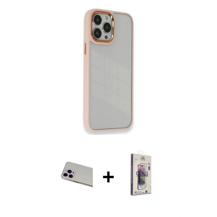 MARSİLYAN™- iPhone 13 Pro Max Kılıf Eksen Doku Prime - Siyah Bilvis 3D Cam Ekran Koruyucu + Rainbow Kamera Lens Koruma Cam - MR