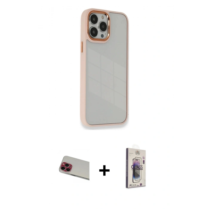 MARSİLYAN™- iPhone 13 Pro Max Kılıf Eksen Doku Prime - Siyah Bilvis 3D Cam Ekran Koruyucu + Rainbow Kamera Lens Koruma Cam - KI
