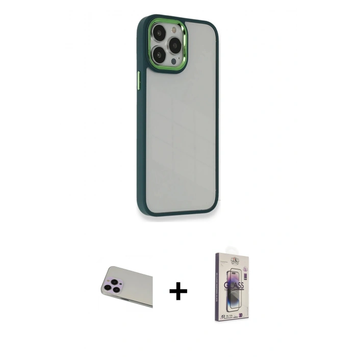 MARSİLYAN™- iPhone 13 Pro Max Kılıf Eksen Doku Prime - Siyah Bilvis 3D Cam Ekran Koruyucu + Rainbow Kamera Lens Koruma Cam - MR