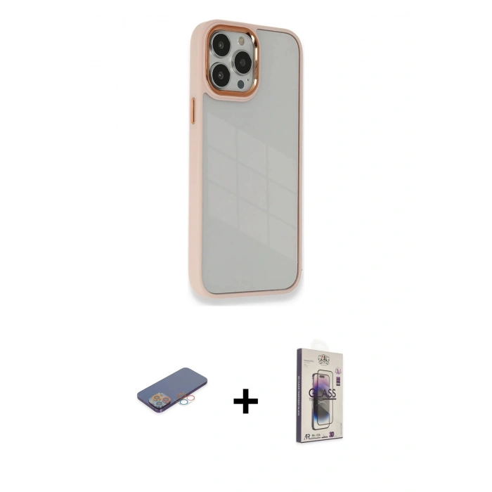 MARSİLYAN™- iPhone 13 Pro Max Kılıf Eksen Doku Prime - Siyah Bilvis 3D Cam Ekran Koruyucu + Renkli Kamera Lens Koruma Cam - PE