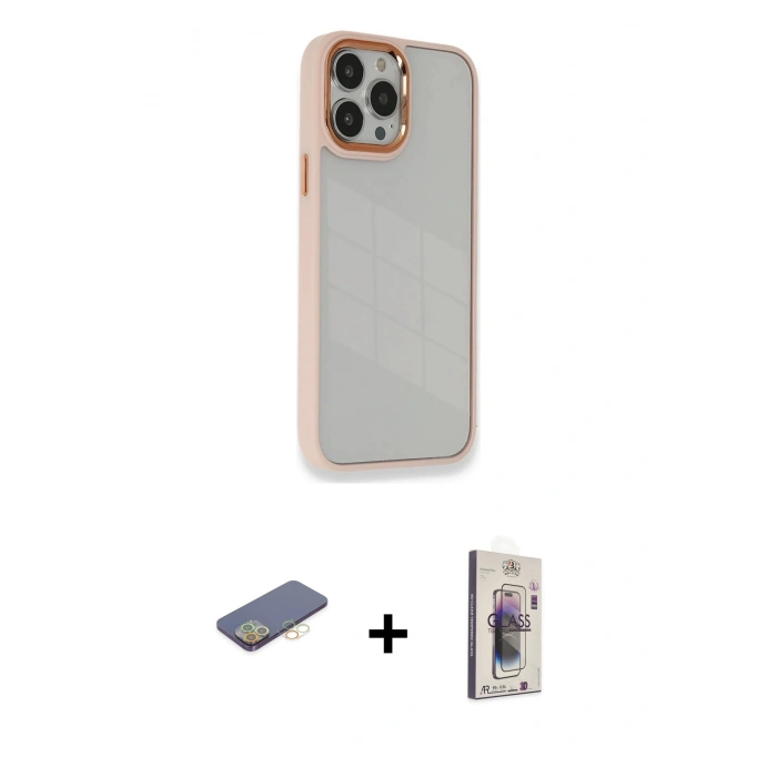 MARSİLYAN™- iPhone 13 Pro Max Kılıf Eksen Doku Prime - Siyah Bilvis 3D Cam Ekran Koruyucu + Renkli Kamera Lens Koruma Cam - SI