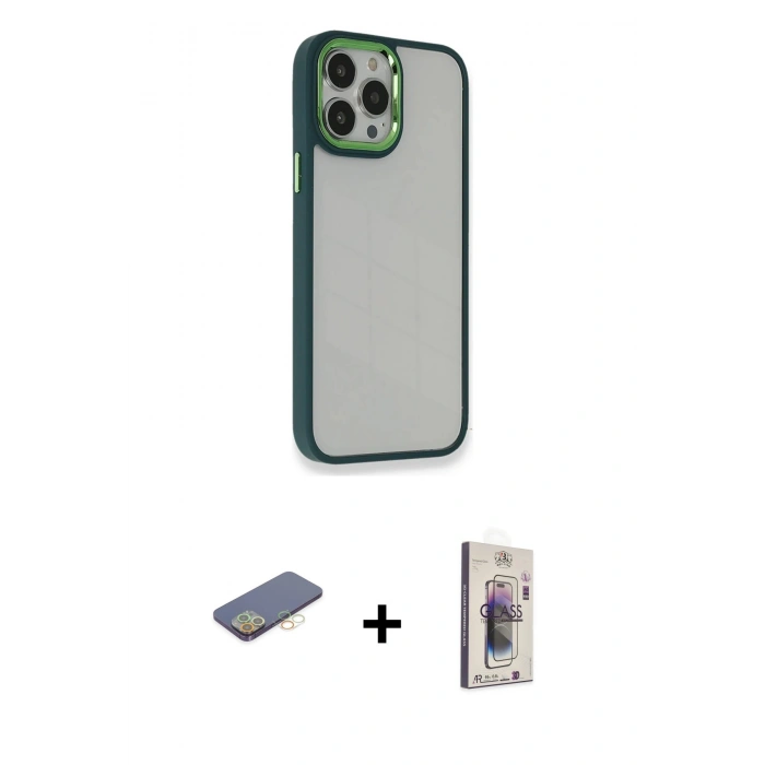 MARSİLYAN™- iPhone 13 Pro Max Kılıf Eksen Doku Prime - Siyah Bilvis 3D Cam Ekran Koruyucu + Renkli Kamera Lens Koruma Cam - SI