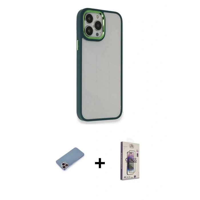 MARSİLYAN™- iPhone 13 Pro Max Kılıf Eksen Doku Prime - Siyah Bilvis 3D Cam Ekran Koruyucu + Shine Kamera Lens Koruma Cam - PE