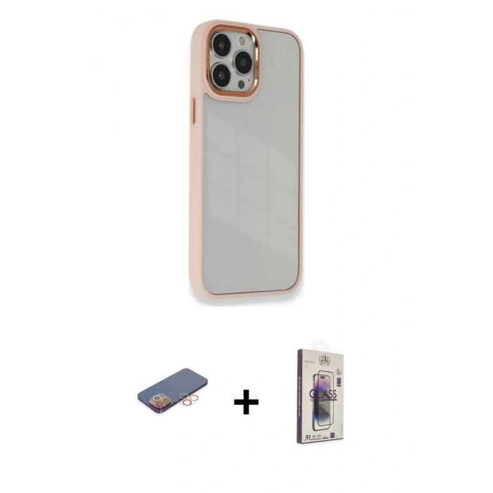 MARSİLYAN™- iPhone 13 Pro Max Kılıf Eksen Doku Prime - Siyah Bilvis 3D Cam Ekran Koruyucu + Turuncu Renkli Kamera Lens Koruma Cam
