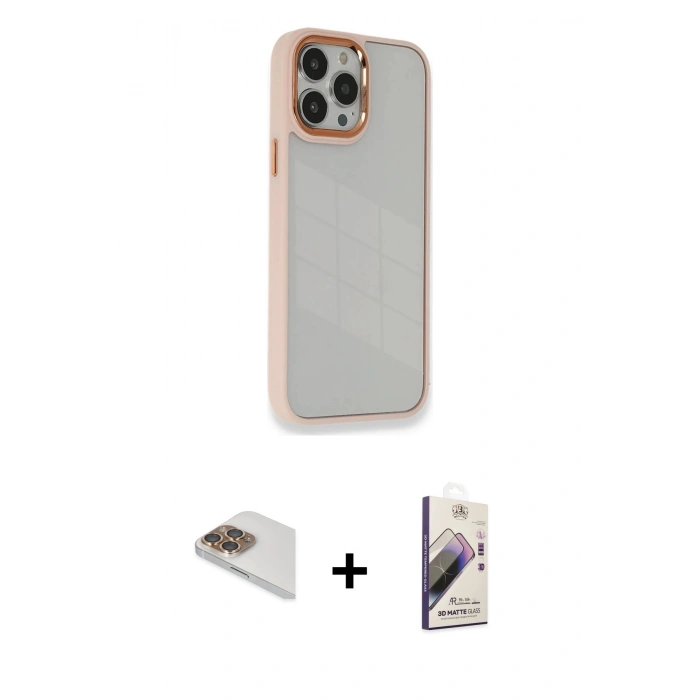 MARSİLYAN™- iPhone 13 Pro Max Kılıf Eksen Doku Prime - Siyah Bilvis 3D Mat Cam Ekran Koruyucu + Gold Pers Alüminyum Kamera Lens