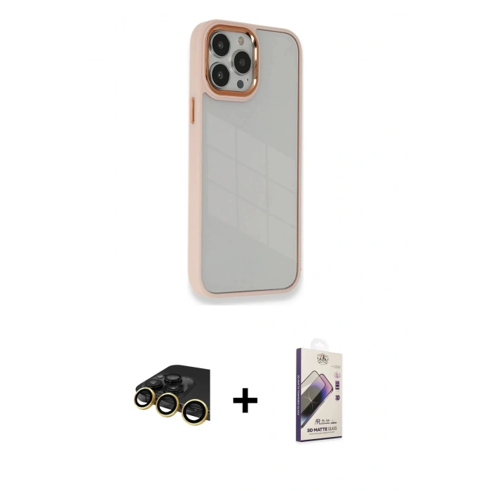 MARSİLYAN™- iPhone 13 Pro Max Kılıf Eksen Doku Prime - Siyah Bilvis 3D Mat Cam Ekran Koruyucu + Raze Metal Kamera Lens - GD