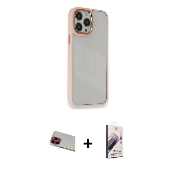 MARSİLYAN™- iPhone 13 Pro Max Kılıf Eksen Doku Prime - Siyah Bilvis 3D Mat Cam Ekran Koruyucu + Kırmızı Rainbow Kamera Lens Koruma Cam