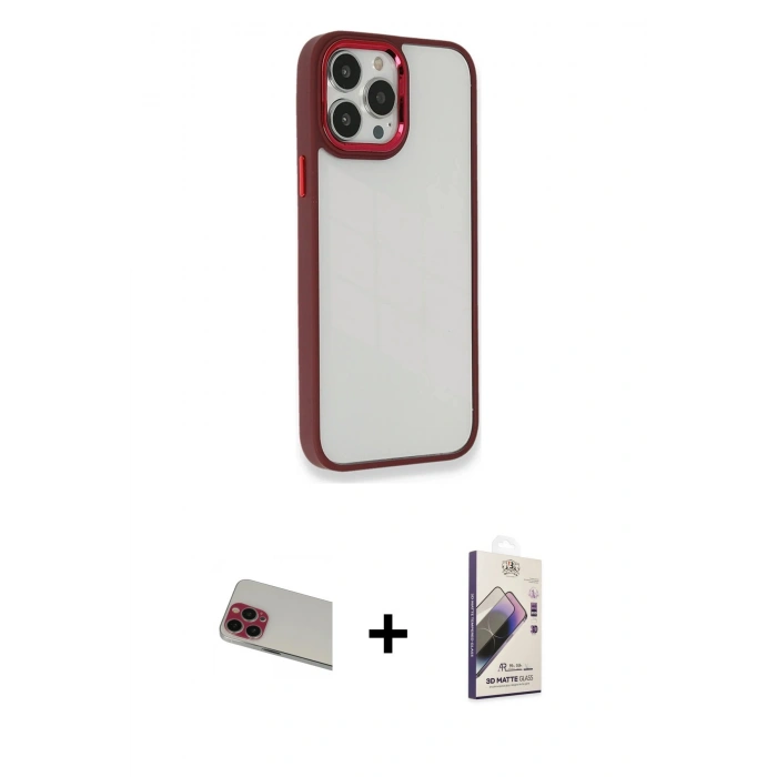 MARSİLYAN™- iPhone 13 Pro Max Kılıf Eksen Doku Prime - Siyah Bilvis 3D Mat Cam Ekran Koruyucu + Kırmızı Rainbow Kamera Lens Koruma Cam