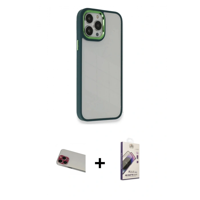 MARSİLYAN™- iPhone 13 Pro Max Kılıf Eksen Doku Prime - Siyah Bilvis 3D Mat Cam Ekran Koruyucu + Kırmızı Rainbow Kamera Lens Koruma Cam