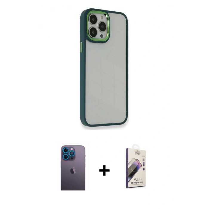 MARSİLYAN™- iPhone 13 Pro Max Kılıf Eksen Doku Prime - Siyah Bilvis 3D Mat Cam Ekran Koruyucu + Neon Fosforlu Kamera Lens - MI