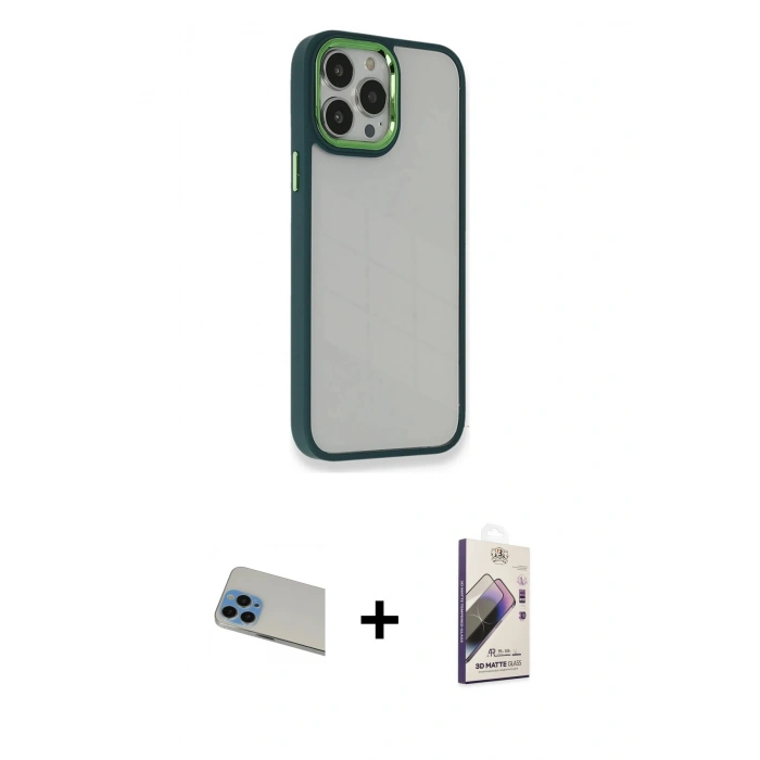MARSİLYAN™- iPhone 13 Pro Max Kılıf Eksen Doku Prime - Siyah Bilvis 3D Mat Cam Ekran Koruyucu + Mavi Rainbow Kamera Lens Koruma Cam