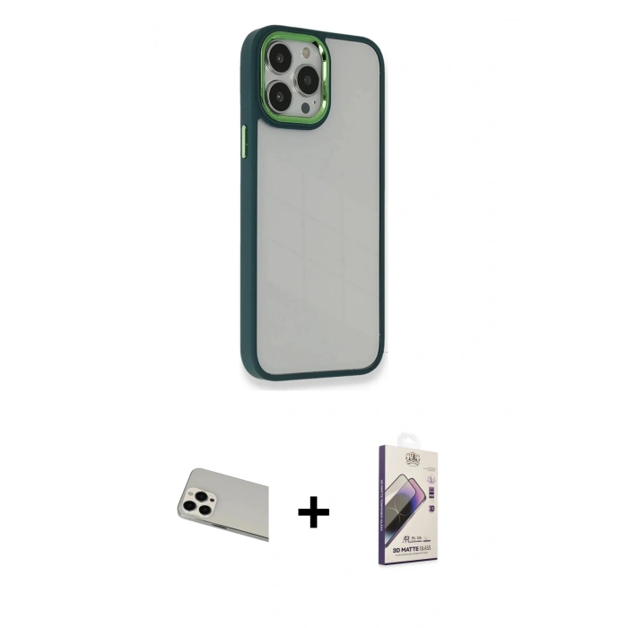 MARSİLYAN™- iPhone 13 Pro Max Kılıf Eksen Doku Prime - Siyah Bilvis 3D Mat Cam Ekran Koruyucu + Rainbow Kamera Lens Koruma Cam - BZ
