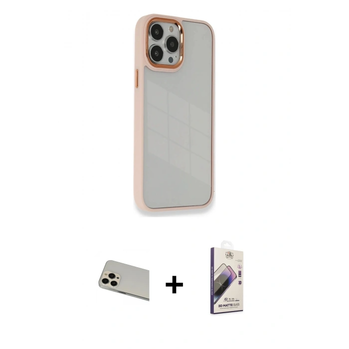 MARSİLYAN™- iPhone 13 Pro Max Kılıf Eksen Doku Prime - Siyah Bilvis 3D Mat Cam Ekran Koruyucu + Rainbow Kamera Lens Koruma Cam - REGD
