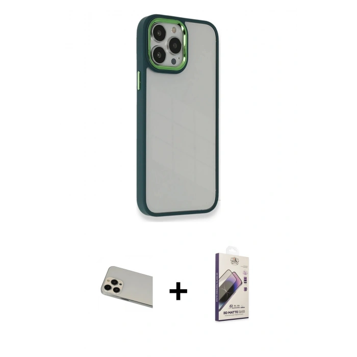MARSİLYAN™- iPhone 13 Pro Max Kılıf Eksen Doku Prime - Siyah Bilvis 3D Mat Cam Ekran Koruyucu + Rainbow Kamera Lens Koruma Cam - REGD