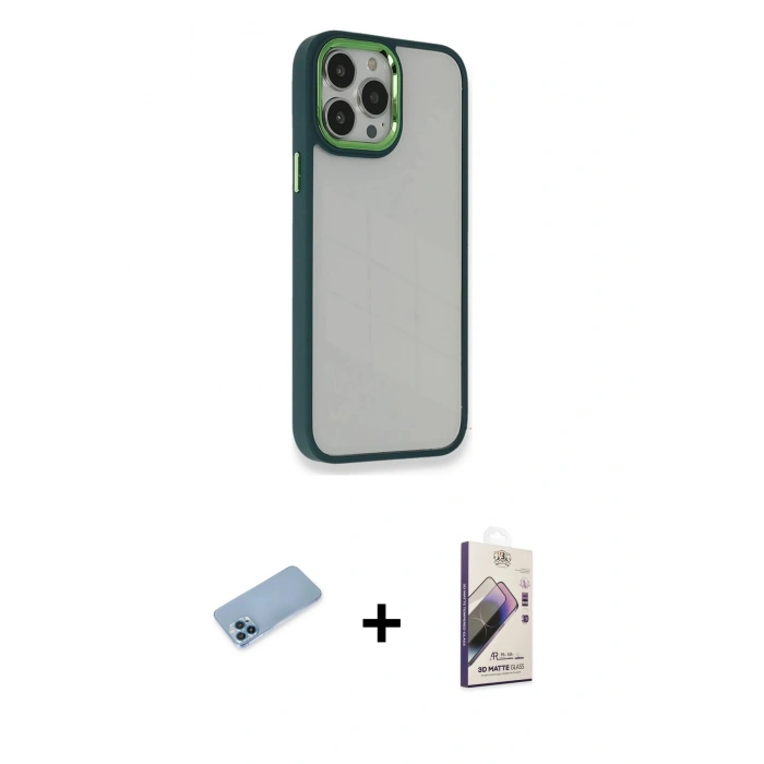 MARSİLYAN™- iPhone 13 Pro Max Kılıf Eksen Doku Prime - Siyah Bilvis 3D Mat Cam Ekran Koruyucu + Shine Kamera Lens Koruma Cam - MI