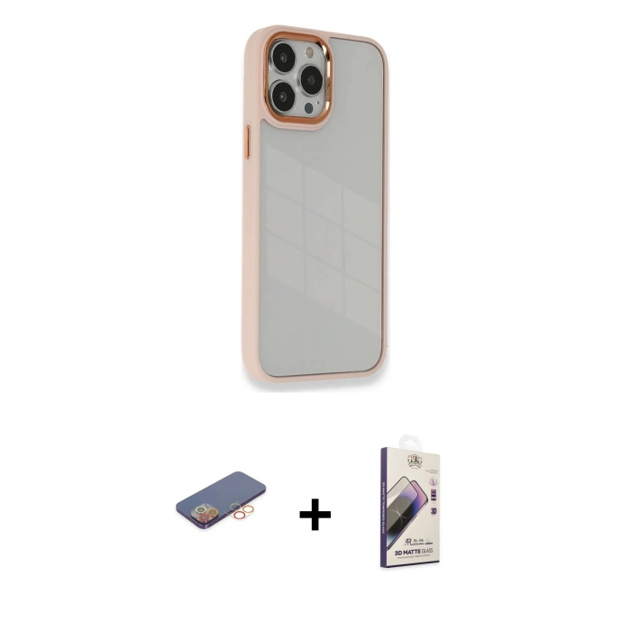MARSİLYAN™- iPhone 13 Pro Max Kılıf Eksen Doku Prime - Siyah Bilvis 3D Mat Cam Ekran Koruyucu + Renkli Kamera Lens Koruma Cam - TU