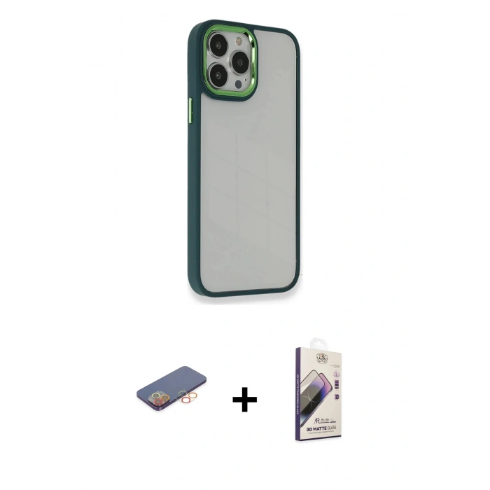 MARSİLYAN™- iPhone 13 Pro Max Kılıf Eksen Doku Prime - Siyah Bilvis 3D Mat Cam Ekran Koruyucu + Renkli Kamera Lens Koruma Cam - TU