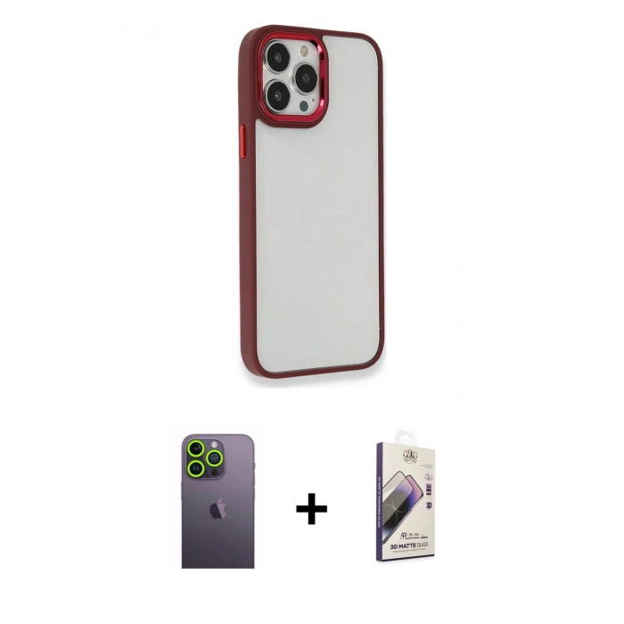 MARSİLYAN™- iPhone 13 Pro Max Kılıf Eksen Doku Prime - Siyah Bilvis 3D Mat Cam Ekran Koruyucu + Neon Fosforlu Kamera Lens - YL