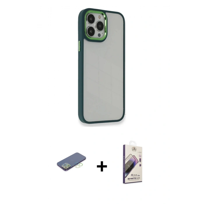 MARSİLYAN™- iPhone 13 Pro Max Kılıf Eksen Doku Prime - Siyah Bilvis 3D Mat Cam Ekran Koruyucu + Yeşil Renkli Kamera Lens Koruma Cam