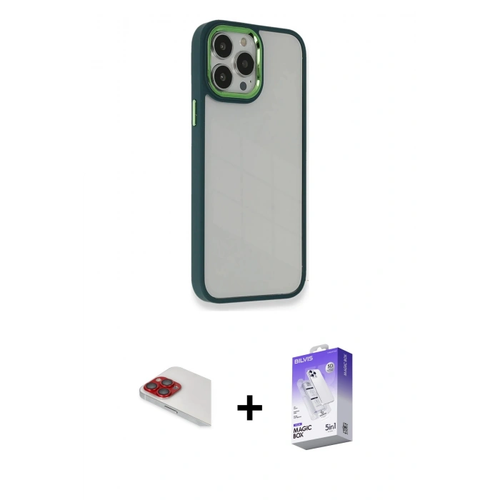 MARSİLYAN™- iPhone 13 Pro Max Kılıf Eksen Doku Prime - Siyah Bilvis 5in1 3D Magic Cam Ekran Koruyucu + Kırmızı Pers Alüminyum Kamera Lens