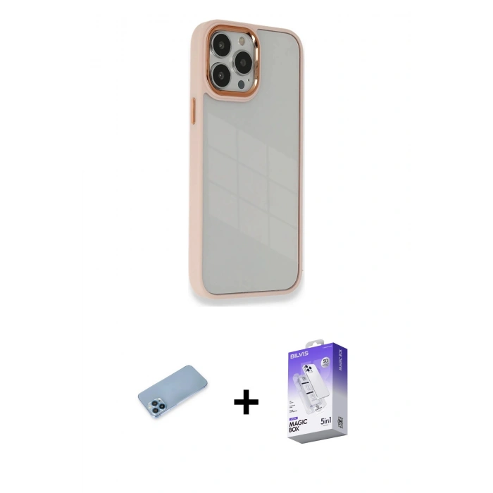 MARSİLYAN™- iPhone 13 Pro Max Kılıf Eksen Doku Prime - Siyah Bilvis 5in1 3D Magic Cam Ekran Koruyucu + Mavi Shine Kamera Lens Koruma Cam