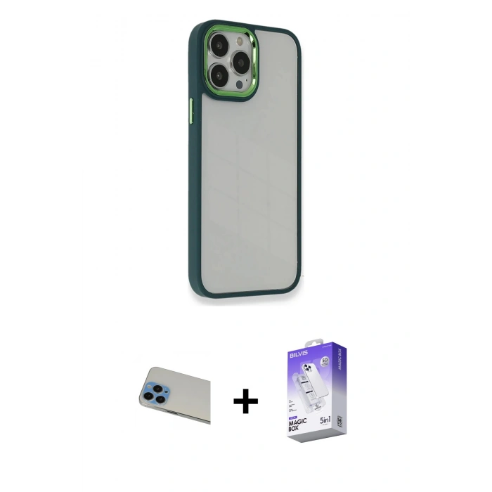 MARSİLYAN™- iPhone 13 Pro Max Kılıf Eksen Doku Prime - Siyah Bilvis 5in1 3D Magic Cam Ekran Koruyucu + Mavi Rainbow Kamera Lens Koruma Cam