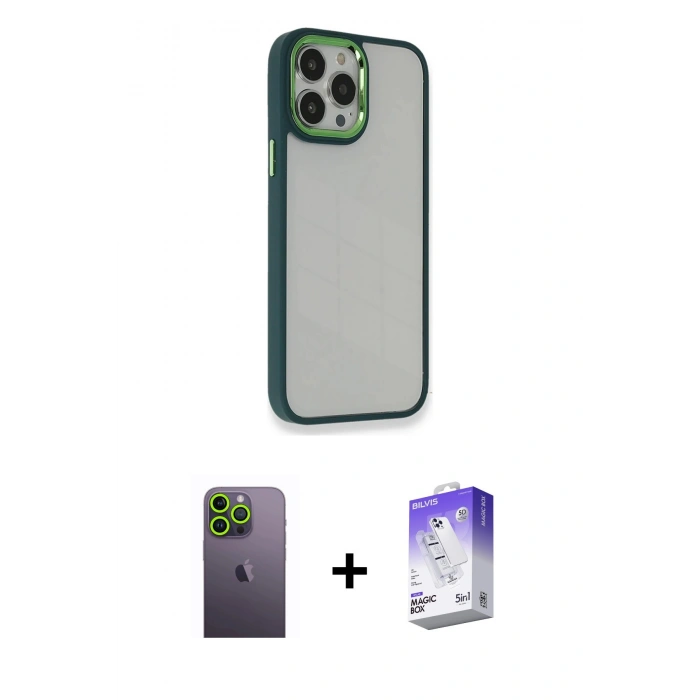 MARSİLYAN™- iPhone 13 Pro Max Kılıf Eksen Doku Prime - Siyah Bilvis 5in1 3D Magic Cam Ekran Koruyucu + Neon Fosforlu Kamera Lens - YL