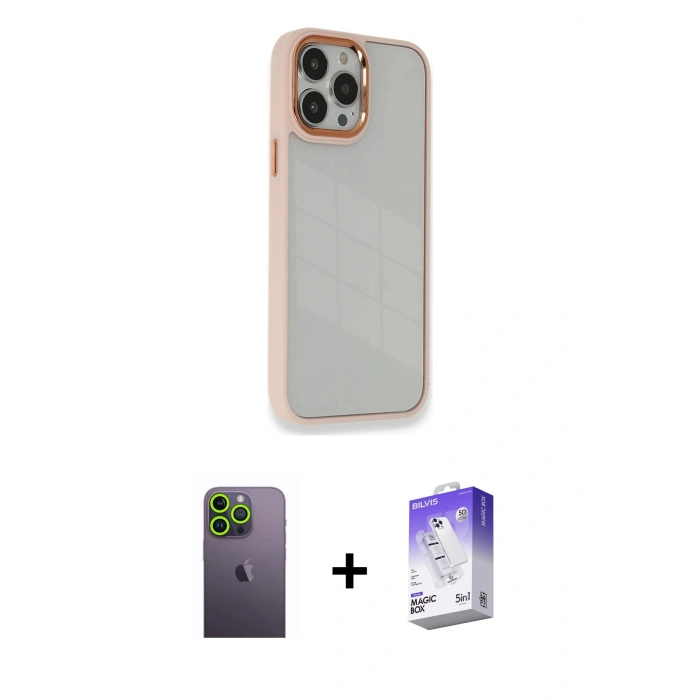MARSİLYAN™- iPhone 13 Pro Max Kılıf Eksen Doku Prime - Siyah Bilvis 5in1 3D Magic Cam Ekran Koruyucu + Neon Fosforlu Kamera Lens - YL