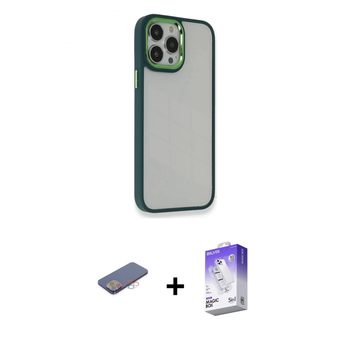MARSİLYAN™- iPhone 13 Pro Max Kılıf Eksen Doku Prime - Siyah Bilvis 5in1 3D Magic Cam Ekran Koruyucu + Pembe Renkli Kamera Lens Koruma Cam