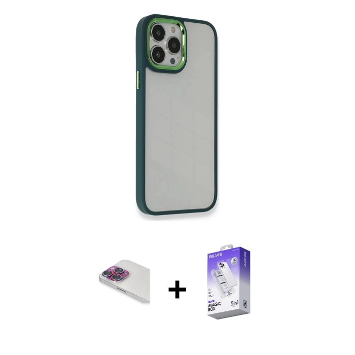 MARSİLYAN™- iPhone 13 Pro Max Kılıf Eksen Doku Prime - Siyah Bilvis 5in1 3D Magic Cam Ekran Koruyucu + Pers Alüminyum Kamera Lens - GI