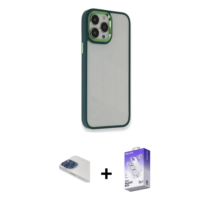 MARSİLYAN™- iPhone 13 Pro Max Kılıf Eksen Doku Prime - Siyah Bilvis 5in1 3D Magic Cam Ekran Koruyucu + Pers Alüminyum Kamera Lens - LT