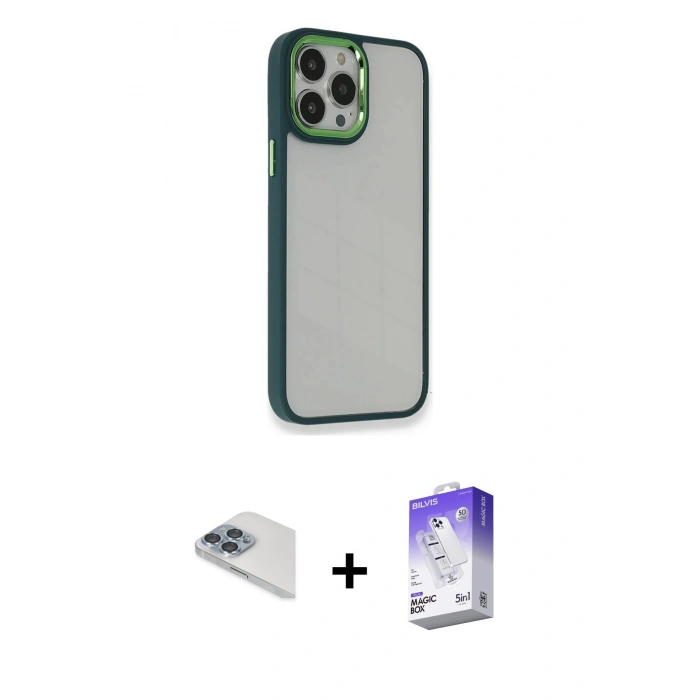 MARSİLYAN™- iPhone 13 Pro Max Kılıf Eksen Doku Prime - Siyah Bilvis 5in1 3D Magic Cam Ekran Koruyucu + Pers Alüminyum Kamera Lens - SABE