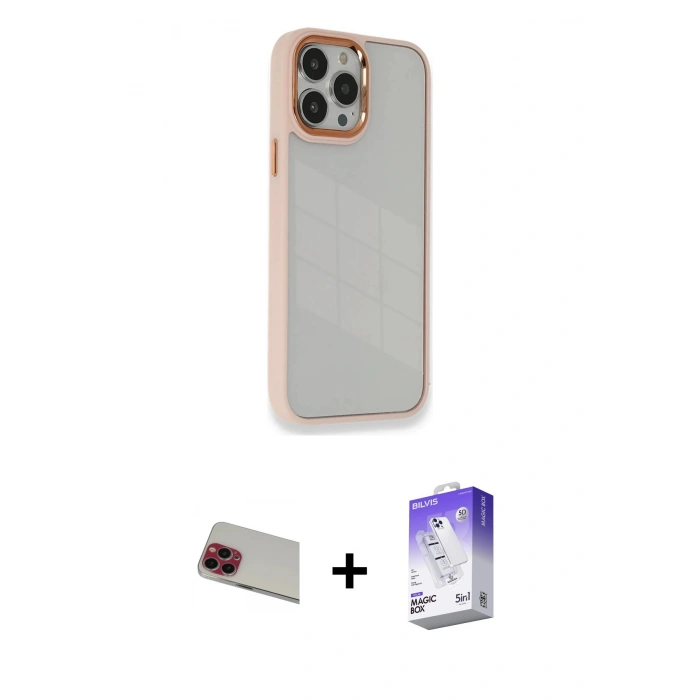 MARSİLYAN™- iPhone 13 Pro Max Kılıf Eksen Doku Prime - Siyah Bilvis 5in1 3D Magic Cam Ekran Koruyucu + Rainbow Kamera Lens Koruma Cam - KI