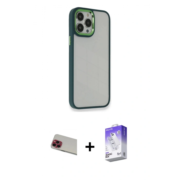 MARSİLYAN™- iPhone 13 Pro Max Kılıf Eksen Doku Prime - Siyah Bilvis 5in1 3D Magic Cam Ekran Koruyucu + Rainbow Kamera Lens Koruma Cam - KI