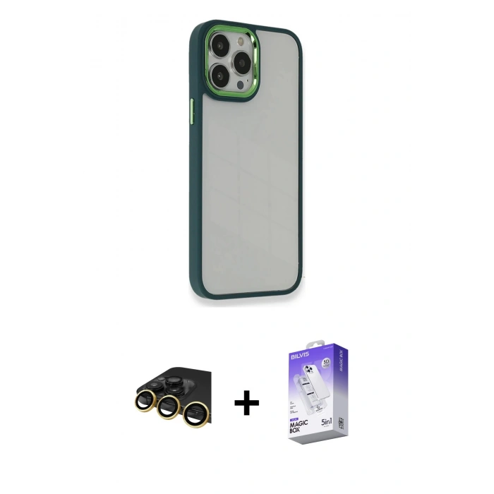MARSİLYAN™- iPhone 13 Pro Max Kılıf Eksen Doku Prime - Siyah Bilvis 5in1 3D Magic Cam Ekran Koruyucu + Raze Metal Kamera Lens - GD
