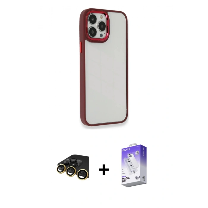 MARSİLYAN™- iPhone 13 Pro Max Kılıf Eksen Doku Prime - Siyah Bilvis 5in1 3D Magic Cam Ekran Koruyucu + Raze Metal Kamera Lens - GD