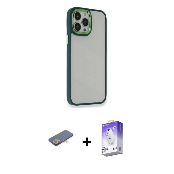 MARSİLYAN™- iPhone 13 Pro Max Kılıf Eksen Doku Prime - Siyah Bilvis 5in1 3D Magic Cam Ekran Koruyucu + Renkli Kamera Lens Koruma Cam - SI