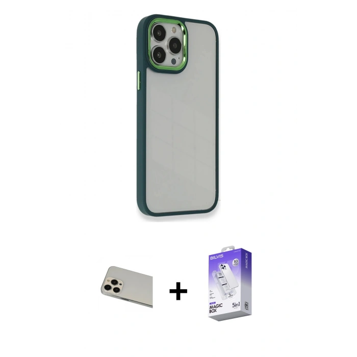 MARSİLYAN™- iPhone 13 Pro Max Kılıf Eksen Doku Prime - Siyah Bilvis 5in1 3D Magic Cam Ekran Koruyucu + Rose Gold Rainbow Kamera Lens Koruma Cam