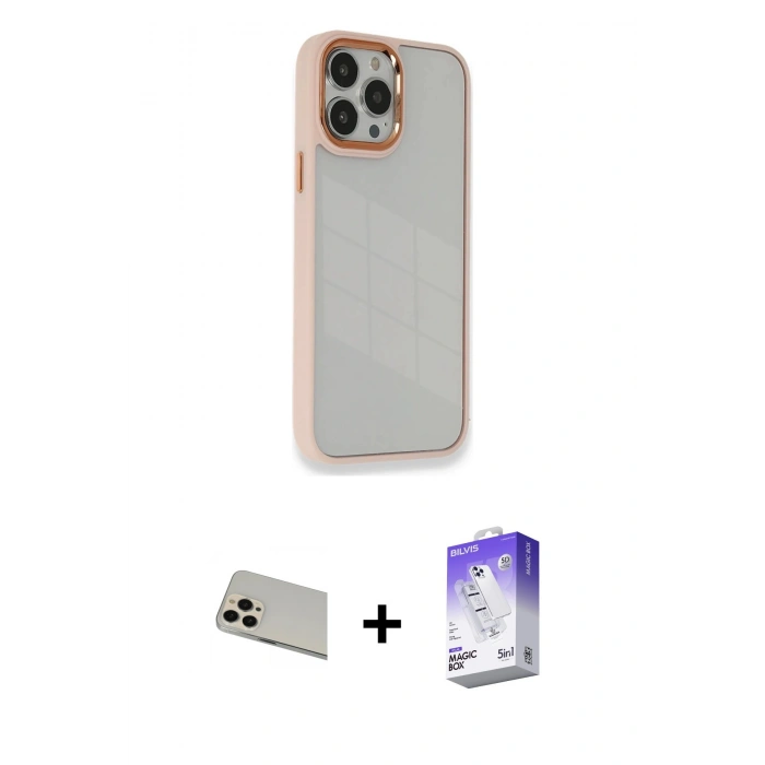 MARSİLYAN™- iPhone 13 Pro Max Kılıf Eksen Doku Prime - Siyah Bilvis 5in1 3D Magic Cam Ekran Koruyucu + Rose Gold Rainbow Kamera Lens Koruma Cam