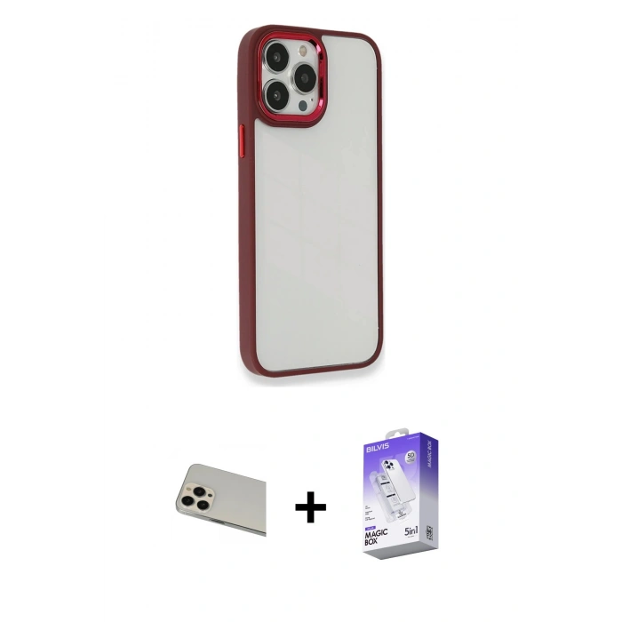 MARSİLYAN™- iPhone 13 Pro Max Kılıf Eksen Doku Prime - Siyah Bilvis 5in1 3D Magic Cam Ekran Koruyucu + Rose Gold Rainbow Kamera Lens Koruma Cam
