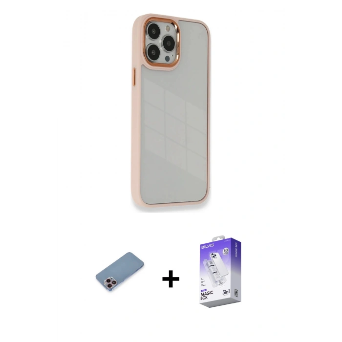 MARSİLYAN™- iPhone 13 Pro Max Kılıf Eksen Doku Prime - Siyah Bilvis 5in1 3D Magic Cam Ekran Koruyucu + Shine Kamera Lens Koruma Cam - PE