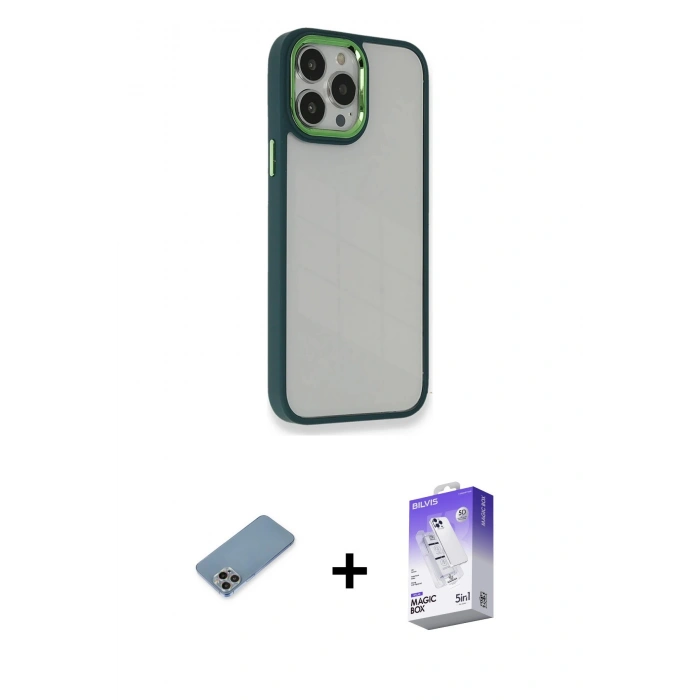 MARSİLYAN™- iPhone 13 Pro Max Kılıf Eksen Doku Prime - Siyah Bilvis 5in1 3D Magic Cam Ekran Koruyucu + Shine Kamera Lens Koruma Cam - GI