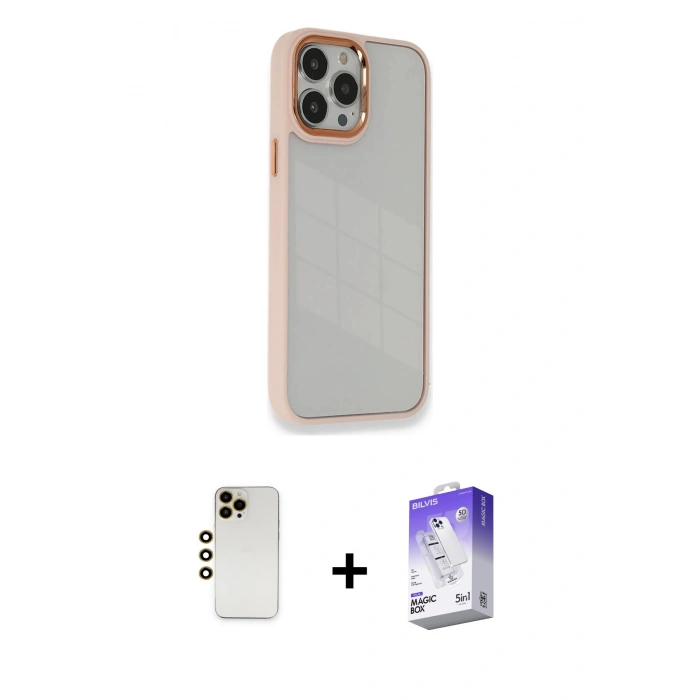 MARSİLYAN™- iPhone 13 Pro Max Kılıf Eksen Doku Prime - Siyah Bilvis 5in1 3D Magic Cam Ekran Koruyucu + Shine Kamera Lens - GD