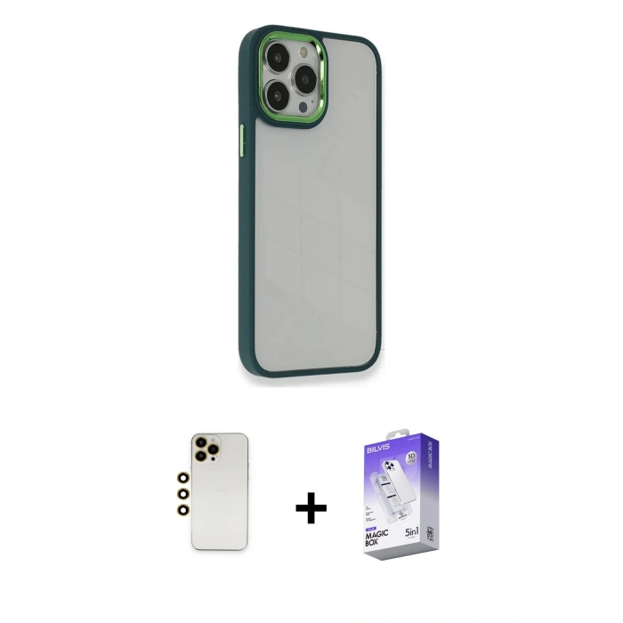MARSİLYAN™- iPhone 13 Pro Max Kılıf Eksen Doku Prime - Siyah Bilvis 5in1 3D Magic Cam Ekran Koruyucu + Shine Kamera Lens - GD