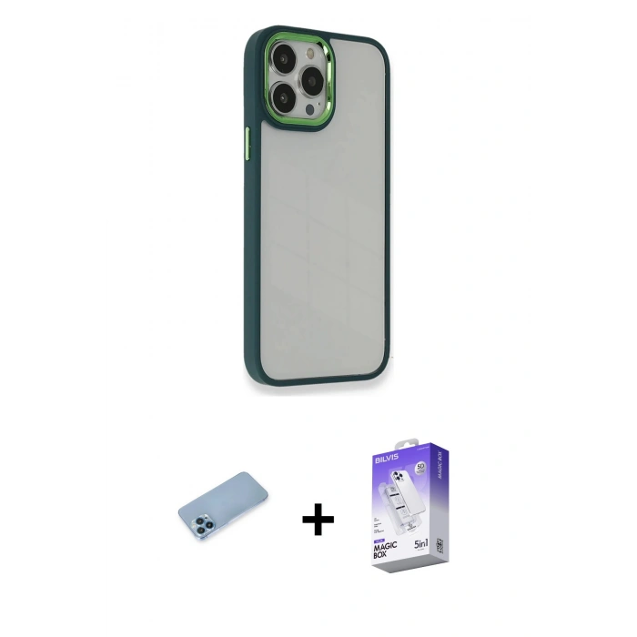 MARSİLYAN™- iPhone 13 Pro Max Kılıf Eksen Doku Prime - Siyah Bilvis 5in1 3D Magic Cam Ekran Koruyucu + Shine Kamera Lens Koruma Cam - MI