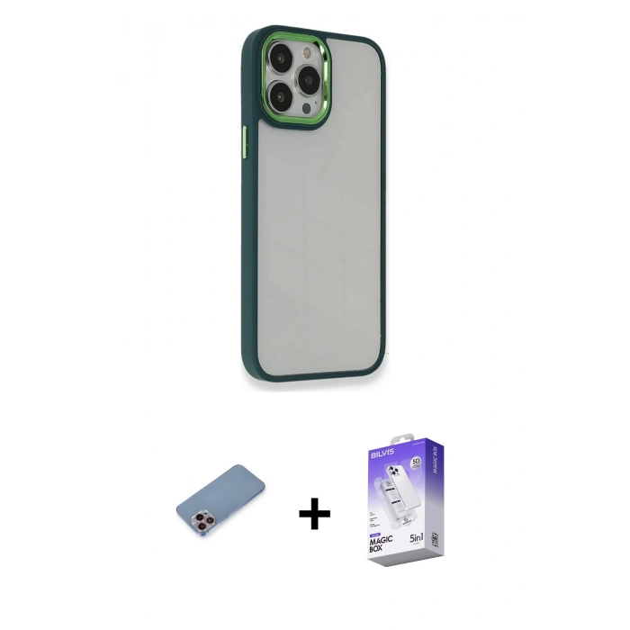 MARSİLYAN™- iPhone 13 Pro Max Kılıf Eksen Doku Prime - Siyah Bilvis 5in1 3D Magic Cam Ekran Koruyucu + Shine Kamera Lens Koruma Cam - PE